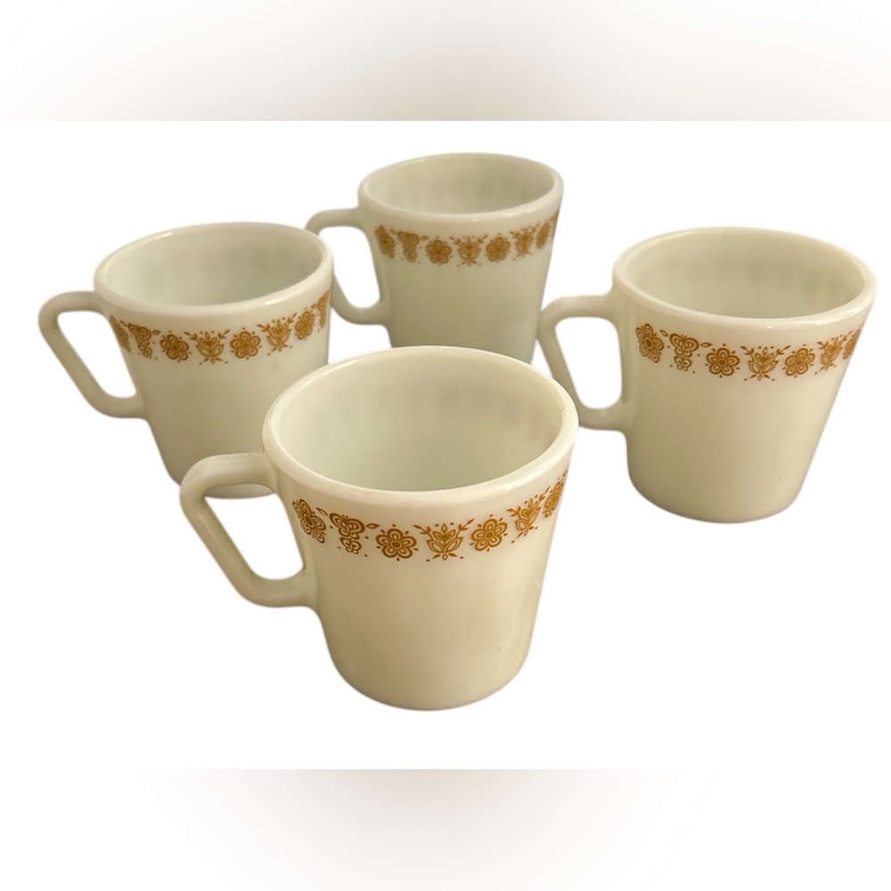 Corellel/ Pyrex Cream Mugs with Gold Floral Design - Set of 4